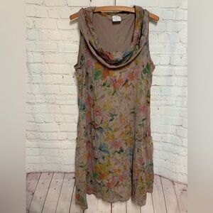 CMC Tan Floral Sleeveless Lagenlook Dress with Cowl Neck Size XL USA